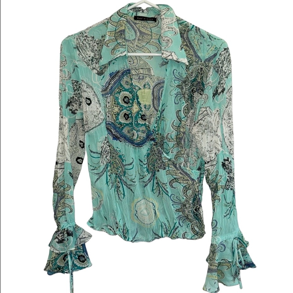 WOMENS Y2K RUFFLE BLOUSE WHIMSY COQUETTE TOP WRAP FRONT CRINKLE FEMININE TEAL
